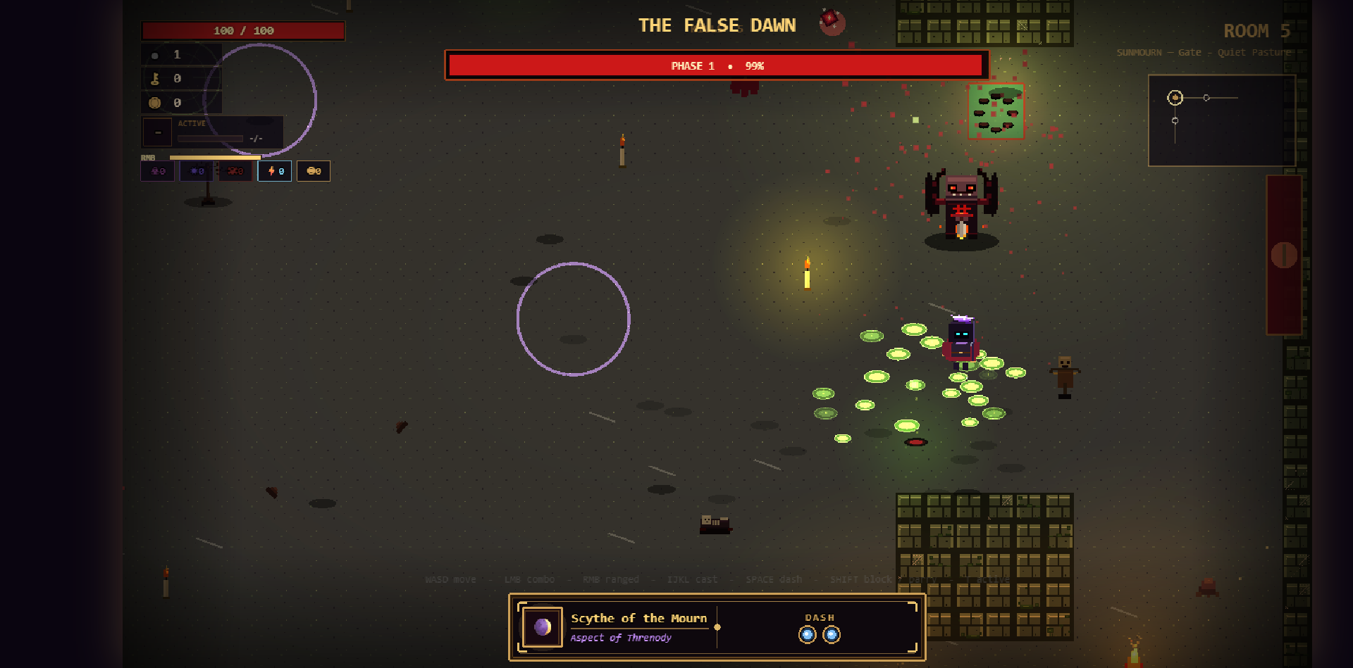 Boss fight: THE FALSE DAWN, its health bar across the top, telegraphed area attacks blooming around the player.