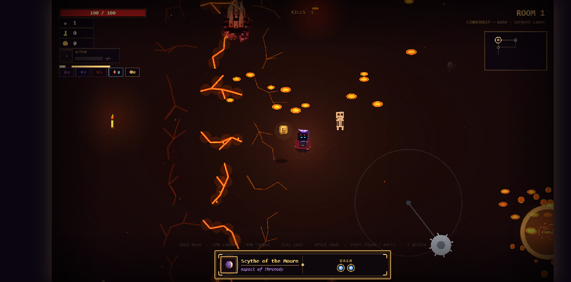 Combat in Cinderdeep: the player stands amid glowing lava fissures as embers rise, an enemy closing in.