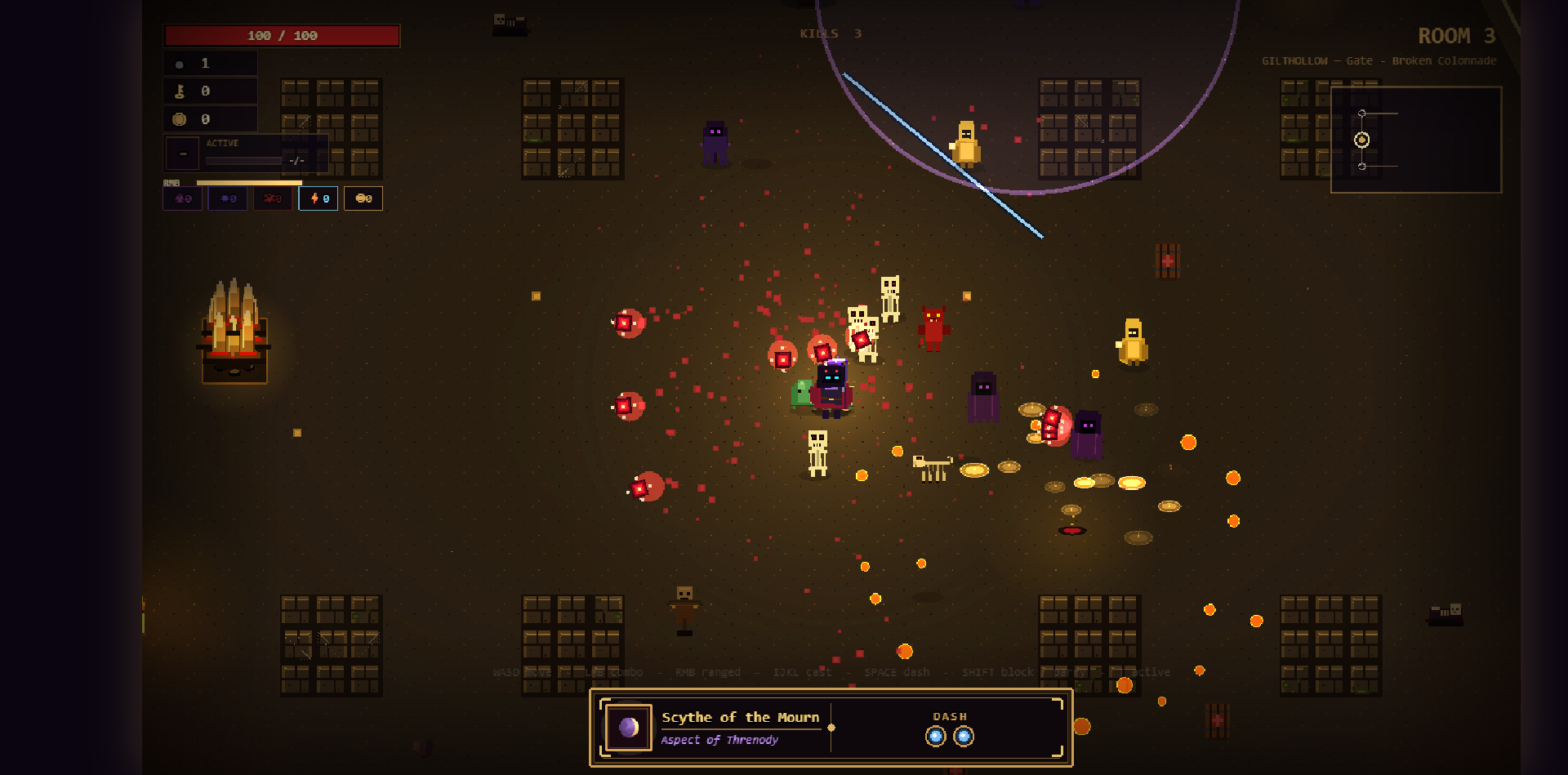 Gilthollow: a gold-lit hall swarmed by a horde of enemies closing on the player.