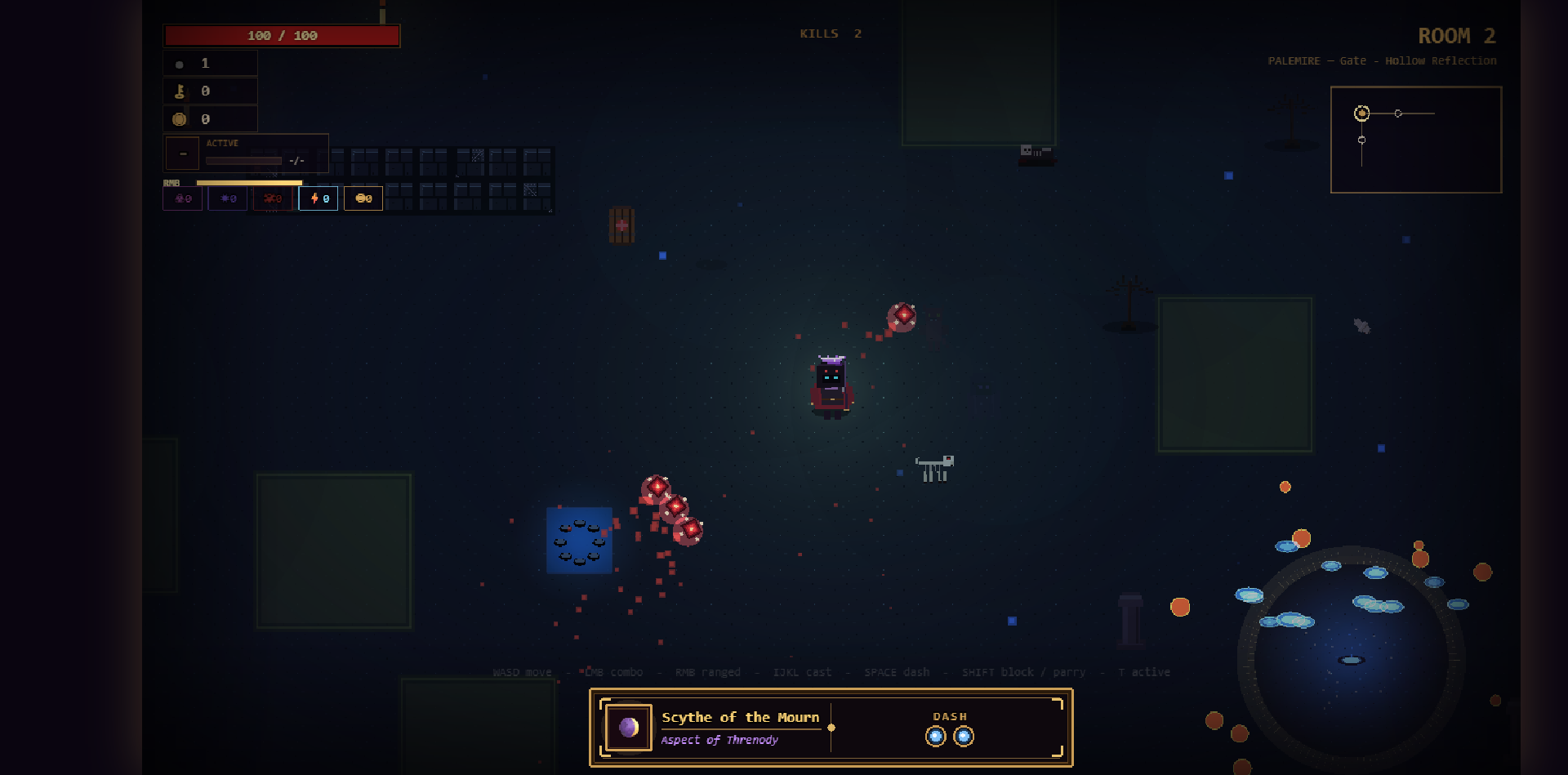 Palemire: a dark, teal-lit drowned chamber, the player flanked by enemies.