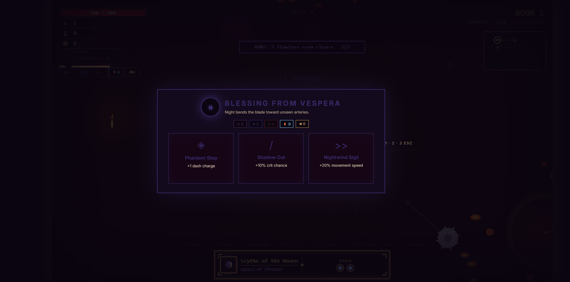 The blessing picker: three boons offered — Phantom Step, Shadow Cut, Nightwind Sigil — chosen by number key.