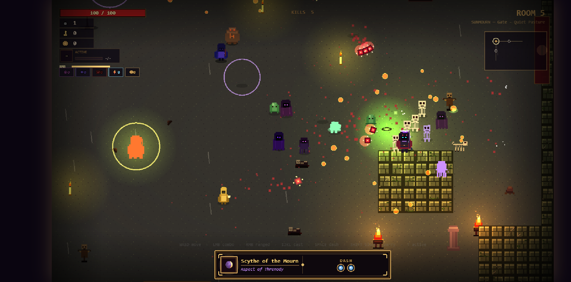 Sunmourn: a wide, fire-lit final chamber crowded with enemies under a sickly glow.